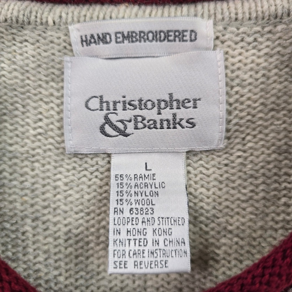 Christopher & Banks Vintage Hand Embroidered Cardigan Sweater L Gray Floral Cozy - Picture 4 of 7